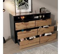 Commode en Verre Ambré avec 6 Tiroirs, Buffet avec Poignées en Métal, Armoire À Bijoux avec 2 Compartiments, Anti-basculement, 120 X 40 X 80 cm, Chêne