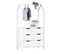 Commode enfant AMIRA H 152 cm en bois massif blanc type Montessori avec 3 tiroirs et 1 tringle, meuble de rangement pour chambre enfant en forme de maison, rangement à vêtement pour garçon ou fille