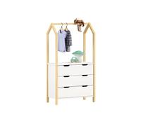 Commode enfant AMIRA H 152 cm en bois massif coloris naturel et blanc type Montessori avec 3 tiroirs et 1 tringle, meuble de rangement pour chambre enfant en forme de maison, pour garçon ou fille