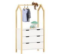 Commode enfant AMIRA H 152 cm en bois massif coloris naturel et blanc type Montessori avec 3 tiroirs et 1 tringle, meuble de rangement pour chambre enfant en forme de maison, pour garçon ou fille