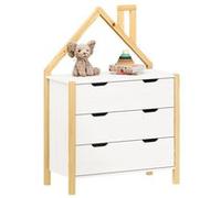 IDIMEX Commode Enfant ELANO en Bois Massif Coloris Naturel et Blanc avec 3 Tiroirs de Rangement, 84 x 120 x 41 cm, Meuble Chambre en Forme de Maison, Style Montessori, pour Fille ou garçon