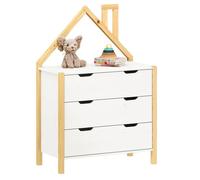 IDIMEX Commode Enfant ELANO en Bois Massif Coloris Naturel et Blanc avec 3 Tiroirs de Rangement, 84 x 120 x 41 cm, Meuble Chambre en Forme de Maison, Style Montessori, pour Fille ou garçon
