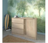 Parisot Commode ESCALE - 3 tiroirs - 1 porte - décor chêne - L 109,8 x H 76,8 x P 50 cm