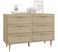 Commode - ESTEBAN - 6 tiroirs - Bois clair - Cannage rotin - Design bohème chic