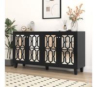 Commode Fortuna Lai avec 4 tiroirs, avec éléments miroirs, buffet à façade ludique et motif géométrique Trellis, bahut avec grand espace de rangement, L/H/P:160/84/40 cm (Noir)