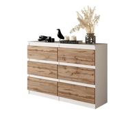 Commode GABRIEL - 6 tiroirs - Buffet de chevet H71 cm L100 cm P33 cm (Blanc/Chêne Wotan)
