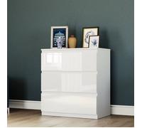 Commode Glinton blanche haute brillance avec 3 tiroirs - Meuble de chambre moderne, 100 % FSC