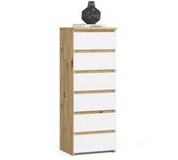 Commode haute à 6 tiroirs - Dimensions 40x35x109 - Commode de chambre - Meuble d'appoint aspect bois - Chêne et Blanc