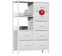 Commode Haute Rangement 7 Tiroirs avec 2 Étagères Ouvertes, Structure et Plateau Relief Blancs, Pieds Réglables 80x30x116cm