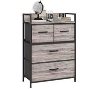 HOMCOM Commode Chambre Meuble de Rangement Commode 4 tiroirs en Tissu Pliables et Amovibles avec étagère Ouverte et Cadre en métal, chiffonnier pour Salon, Chambre, entrée, Effet Bois Gris