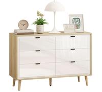 HOMCOM Commode 6 tiroirs, Meuble de Rangement à Haute Brillance avec 5 Pieds en Bois, Style Moderne, Commode pour Chambre à Coucher, Salon, Couloir, 110 x 40 x 75 cm, Blanc et chêne