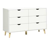 HomCom Commode 6 tiroirs Design scandinave – Piètement effilé incliné, bois pin, panneaux blancs