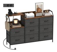 HOMCOM Commode avec Station de Recharge, 8 tiroirs en Tissu Pliables, Commode Chambre, Meuble de Rangement, étagère Ouverte et Crochets, Cadre en Acier, pour Chambre, Salon, Couloir, Marron Rustique