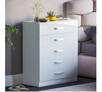 Commode Hulio blanche haute brillance avec 5 tiroirs - Meuble de chambre moderne