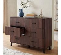 Commode HWC-P42, buffet, 6 tiroirs, 86 x 120 x 40 cm aspect noyer
