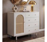 Commode HWC-P52, armoire buffet haut, tiroirs, compartiments de rangement, polyrotin MDF mélaminé 95x100x40cm blanc