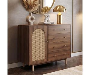 Commode HWC-P52, armoire buffet haut, tiroirs, compartiments de rangement, polyrotin MDF mélaminé 95x100x40cm marron