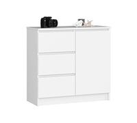 Commode AKORD JERRY Blanche 80 cm 1 porte 3 tiroirs façade Blanche 2 étagères 80x35x77 cm