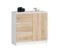 Commode JERRY Blanche 80 cm 1 porte 3 tiroirs façade Chêne Sonoma 2 étagères 80x35x77 cm