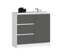 AKORD Kommode K-80 Jerry avec 3 Tiroirs | Armoire avec 2 étagères et 1 Porte | pour Le Salon Chambre à Coucher | Moderne | Plateau Laminé 16mm | 80x77x35 cm | Blanc + Façade Gris Graphite
