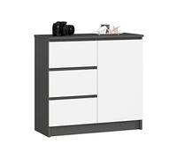 Commode JERRY Gris Graphite 80 cm 1 porte 3 tiroirs façade Blanche 2 étagères 80x35x77 cm