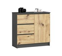 Commode JERRY Gris Graphite 80 cm 1 porte 3 tiroirs façade Chêne Artisan 2 étagères 80x35x77 cm