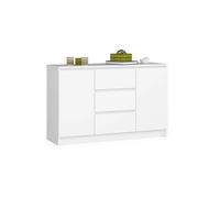 Commode AKORD K016 Blanche 120 cm 2 portes 3 tiroirs façade Blanche 4 étagères 120x40x77 cm