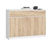 Commode K140 Blanche 138 cm 3 portes 3 tiroirs façade Chêne Sonoma 6 étagères 138x40x99 cm
