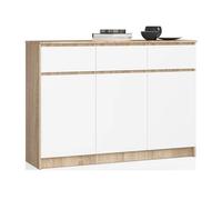 Commode K140 Chêne Sonoma 138 cm 3 portes 3 tiroirs façade Blanche 6 étagères 138x40x99 cm