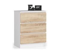 AKORD Commode K60 avec 3 tiroirs | Commode Classique pour La Chambre, Salon | Meuble de Rangement | L60 x H77 x P40 cm | Poids 25 kg | Blanc/Chêne Sonoma