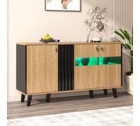 Commode Merax avec éclairage LED, buffet avec 3 portes et 6 compartiments, buffet campagnard armoire de rangement 140x78x41cm, naturel/noir