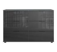 Commode, meuble de rangement à 6 tiroirs coloris graphite, verre noir - Longueur 130 x Hauteur 83 x Profondeur 41 cm - -