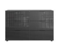 Commode, meuble de rangement à 6 tiroirs coloris graphite, verre noir - Longueur 130 x Hauteur 83 x Profondeur 41 cm - -