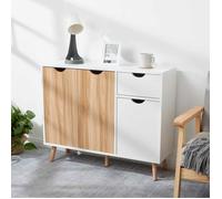 Commode meuble de rangement avec 1 tiroir et 3 portes, Commode de chambre,salon, cuisine, chêne et blanc,90 x 30 x 73 cm-MONDEER