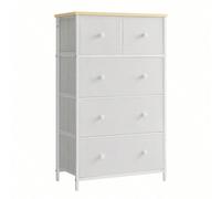 Commode, Meuble De Rangement, Avec 5 Tiroirs En Tissu, Style Industriel, Pour Salon, Entrée, Couloir, Chambre D'enfant, Blanc Et Couleur Boisée Blanc