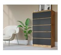 Commode - Meuble de Rangement - Chêne Wotan et Noir - 5 Tiroirs - 70cm x 39cm x 125cm - Contemporain