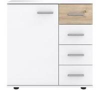 Commode, meuble de rangement colois blanc, rechampis imitation chêne Hickory - Longueur 81 x Hauteur 83 x Profondeur 41 cm -PEGANE- Blanc