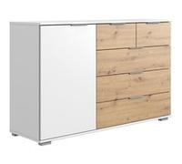 Commode meuble de rangement, coloris blanc/imitation chene artisan - Longueur 130 x Hauteur 90 x Profondeur 41 cm -PEGANE- blanc/imitation chêne artisan