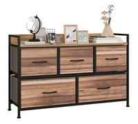 Commode 5 tiroirs et étagère - dim. 98L x 29l x 63H cm - châssis piètement métal noir tiroirs non tissés façades aspect bois