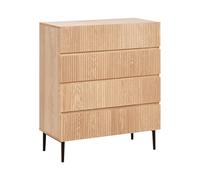 Commode Moderne à 4 Tiroirs en MDF Bois Clair Façade Striée Chambre Marron