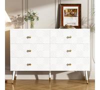 Commode Moderne à 6 tiroirs, Buffet Salle a Manger - 120 x 40 x 80 cm - Blanc élégant et doré - Pieds en métal pour Plus de stabilité - Idéale pour la Chambre et Le Salon