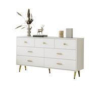 Commode moderne à 7 tiroirs, poignées dorées,pieds dorés,coulisses lisses, buffet de salle à manger,140 x 35 x 76 cm,Blanc