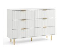 Commode moderne - LUNSY - Six tiroirs - Blanc - Poignées en laiton - Pieds dorés - Bois massif - Polyvalent