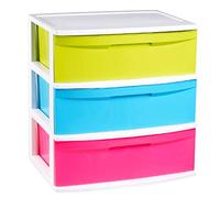 Commode Nil en plastique 3 tiroirs, structure blanche, tiroirs multicolores, 3 tiroirs différents pour distinguer facilement matériaux et éléments. 60 x 56 x 39,5 cm, tiroirs double Folio