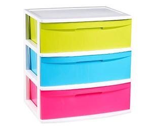 Commode Nil en plastique 3 tiroirs, structure blanche, tiroirs multicolores, 3 tiroirs différents pour distinguer facilement matériaux et éléments. 60 x 56 x 39,5 cm, tiroirs double Folio