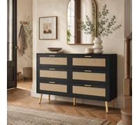 Commode noire 120 cm, 6 tiroirs, façade rotin, pieds dorés, buffet moderne | Commode élégante avec 6 tiroirs et façades effet rotin, design moderne noir et doré, parfaite pour salon, chambre et entrée