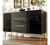 Commode noire, 120 x 40 x 73 cm, finitions dorées brillantes, tiroirs à trois niveaux, design simple et moderne, idéale pour la chambre, le salon ou la salle à manger, portes à damier 1. Dimensions du