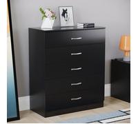 Commode noire Riano avec 5 tiroirs, poignées et glissières en métal - Meuble de chambre à coucher