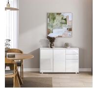 [en.casa] Commode Paarl pour Salon 74 x 117 x 36 cm Meuble de Rangement avec 2 Tiroirs et 3 Portes au Système Push-to-Open Armoire Élégante Stable Entrée Chambre Bureau Blanc Brillant