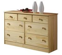 Commode RONDO bahut buffet meuble de rangement avec 3 petits et 4 grands tiroirs, en pin massif vernis naturel Naturel G